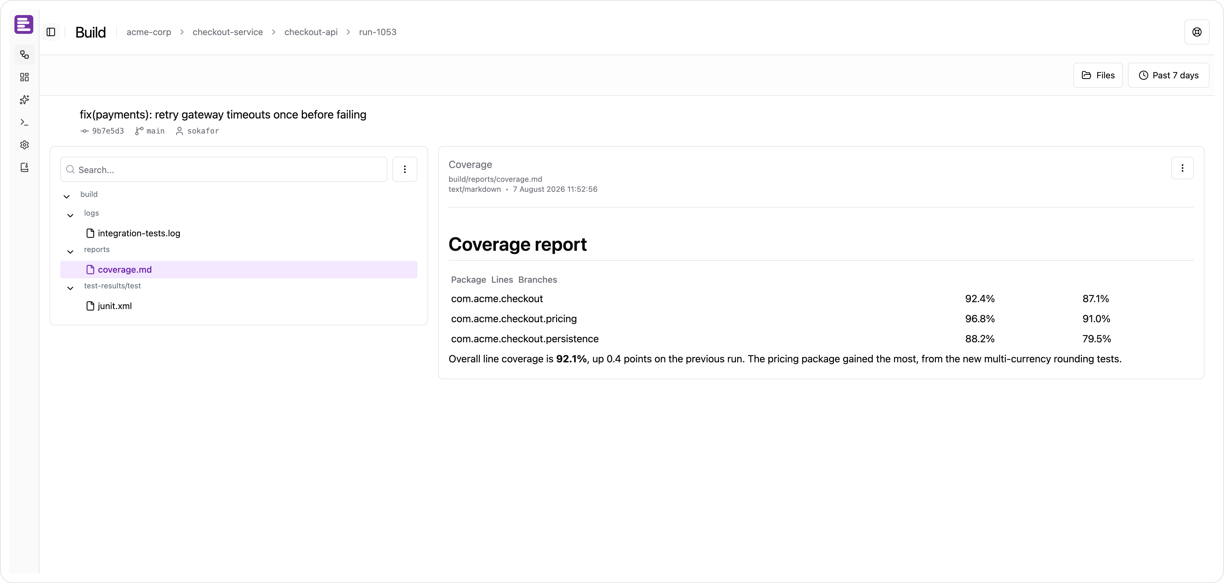The Files tab, with a collected coverage report rendered beside the file tree