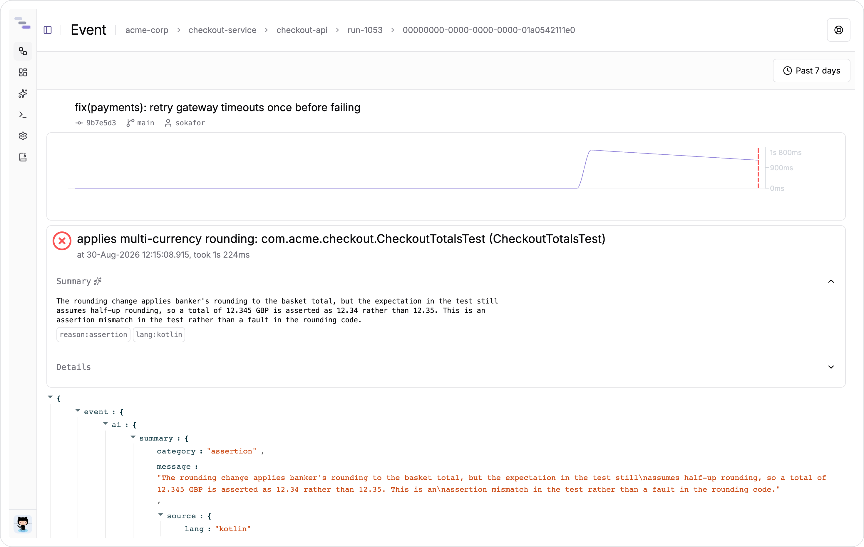 An event page, with the AI summary of a failing test above its raw details