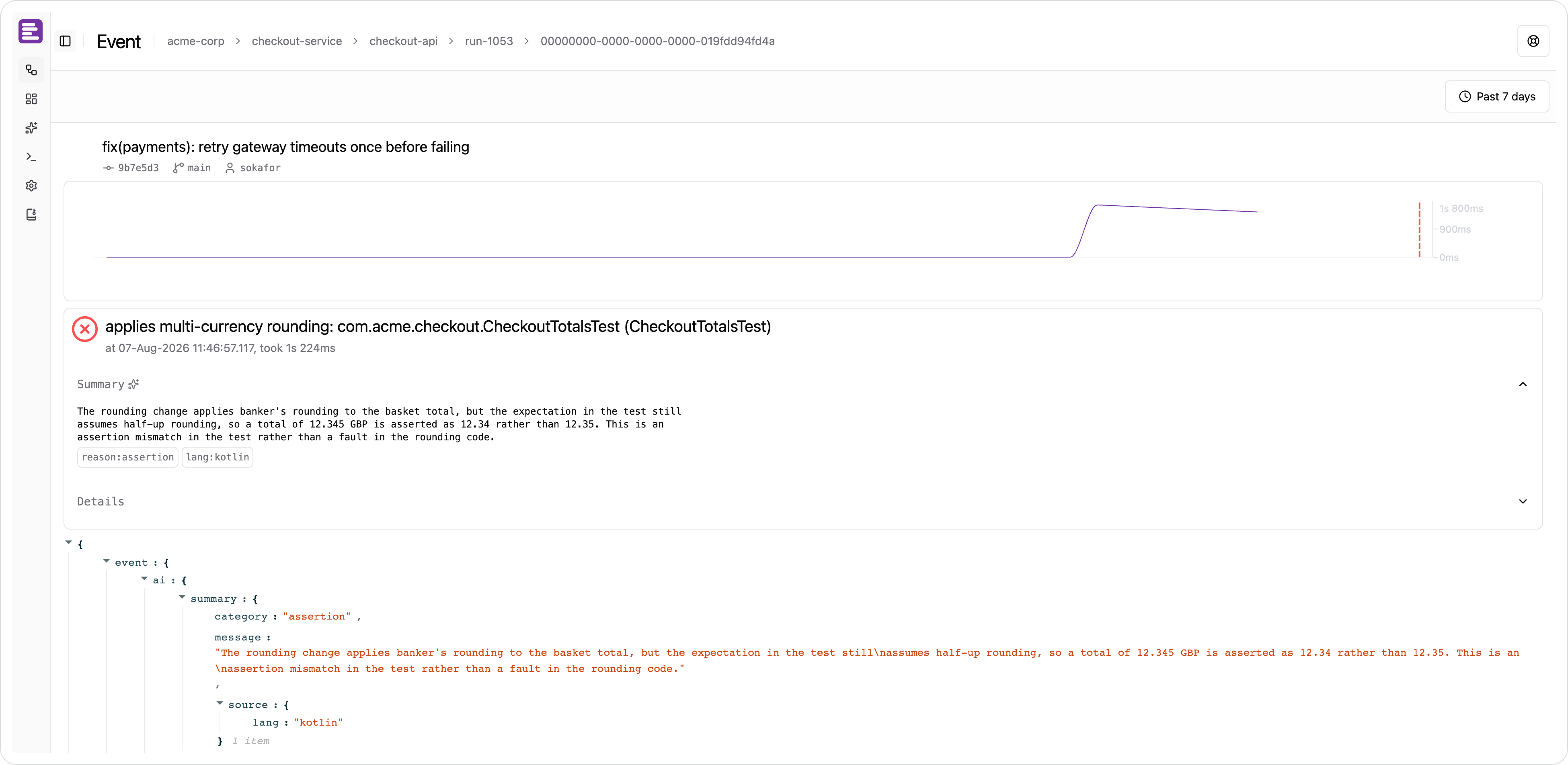 An event page, with the AI summary of a failing test above its raw details