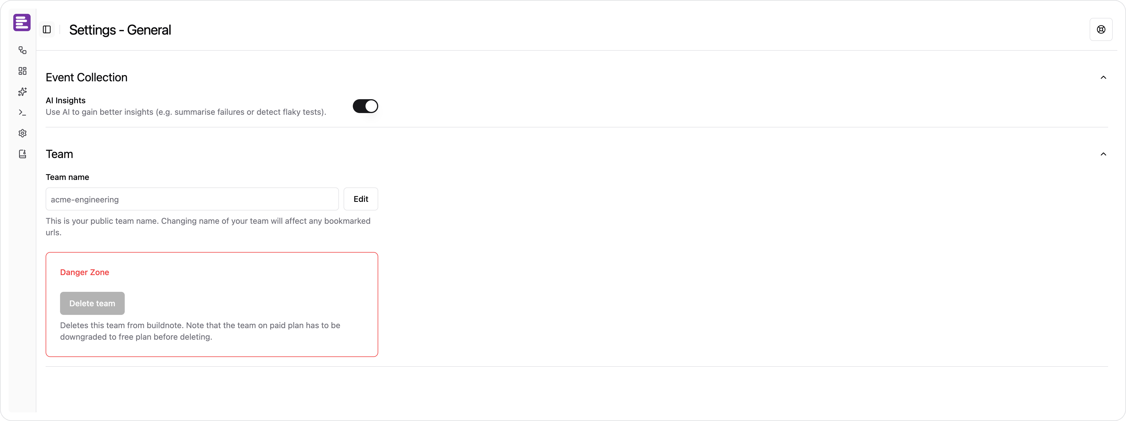 The General settings page, with the AI Insights switch and the team name