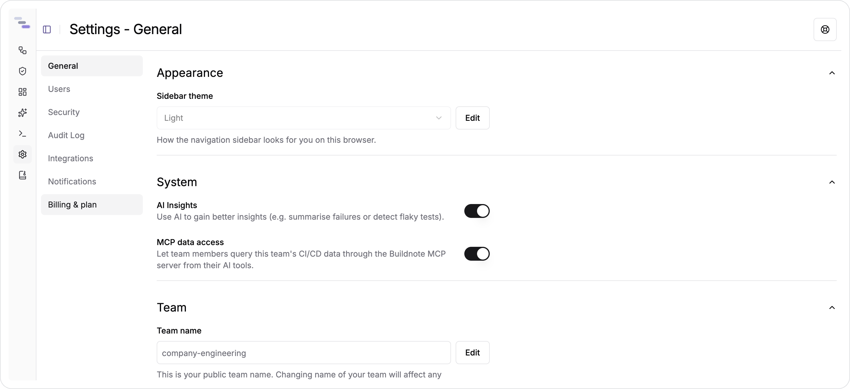 The General settings page, with the AI Insights switch and the team name