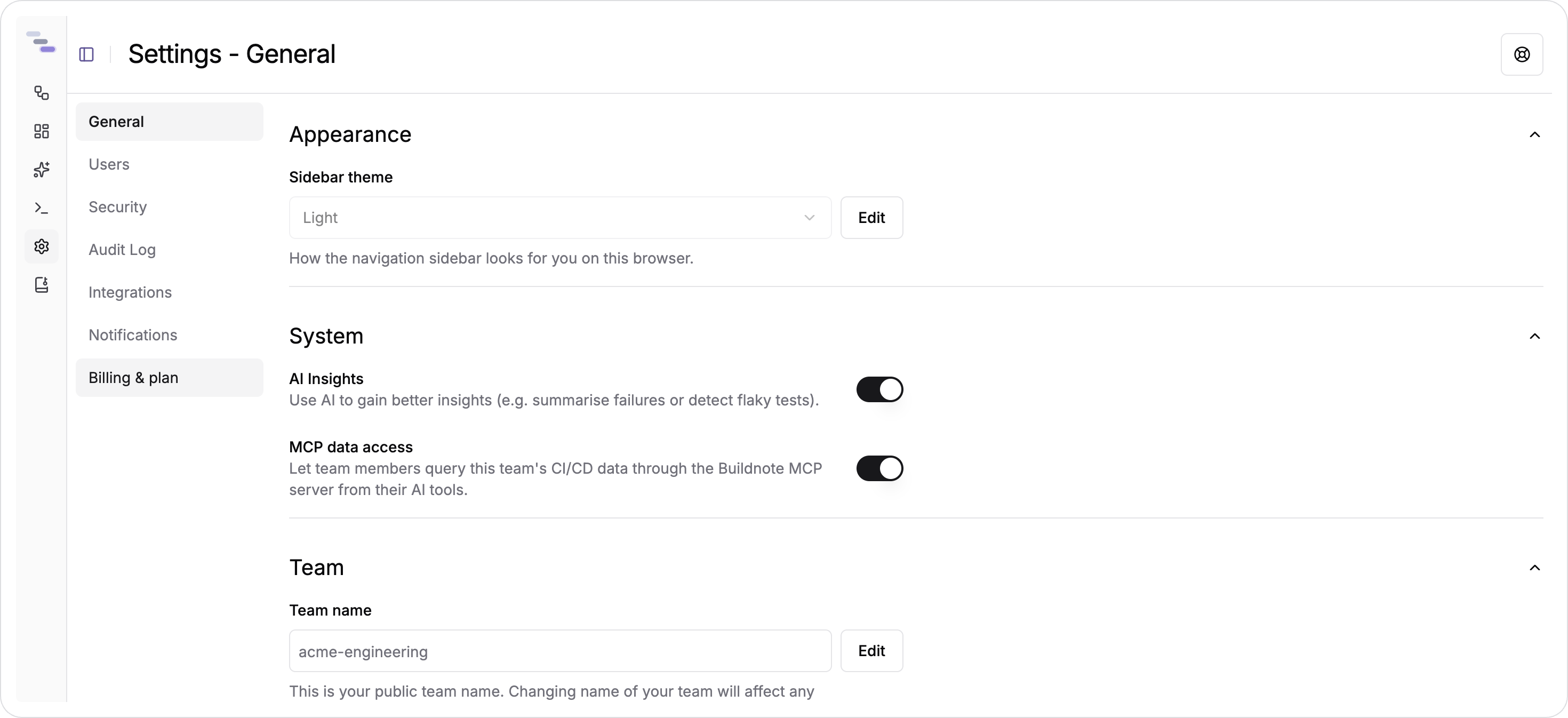 The General settings page, with the AI Insights switch and the team name