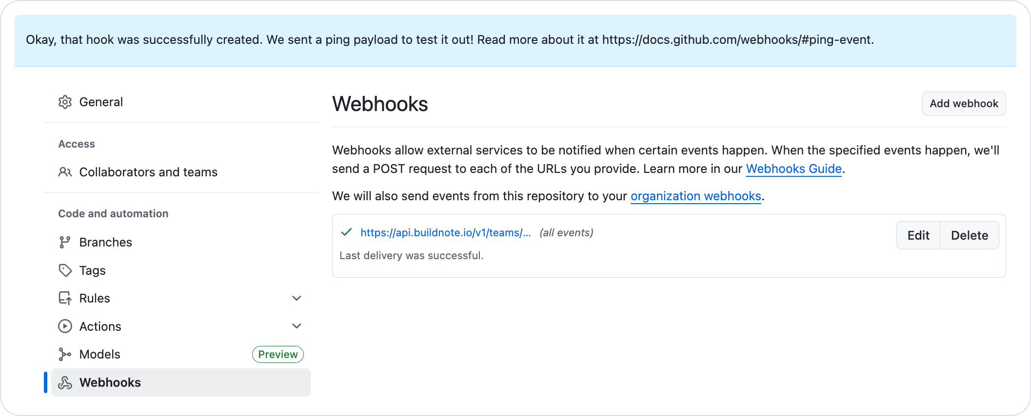 GitHub Webhook Created