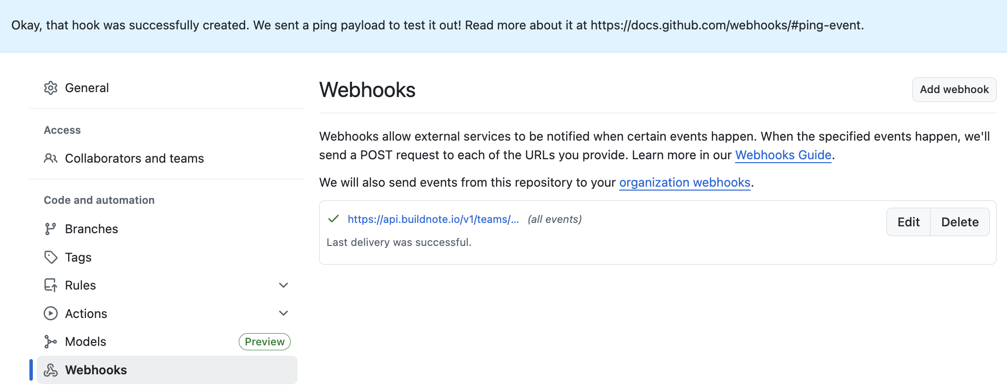 GitHub Webhook Created