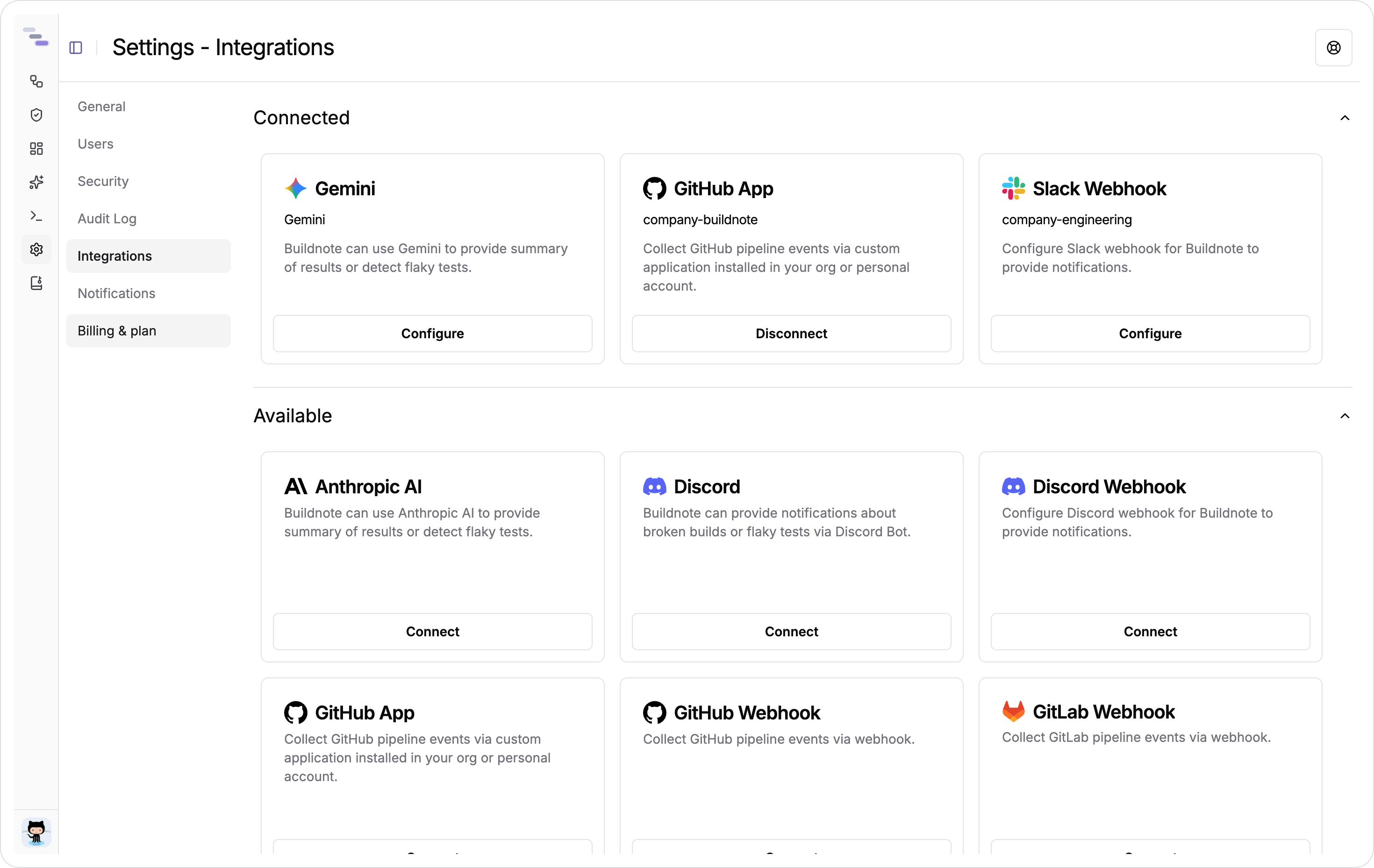The Integrations page, with connected integrations above the available ones