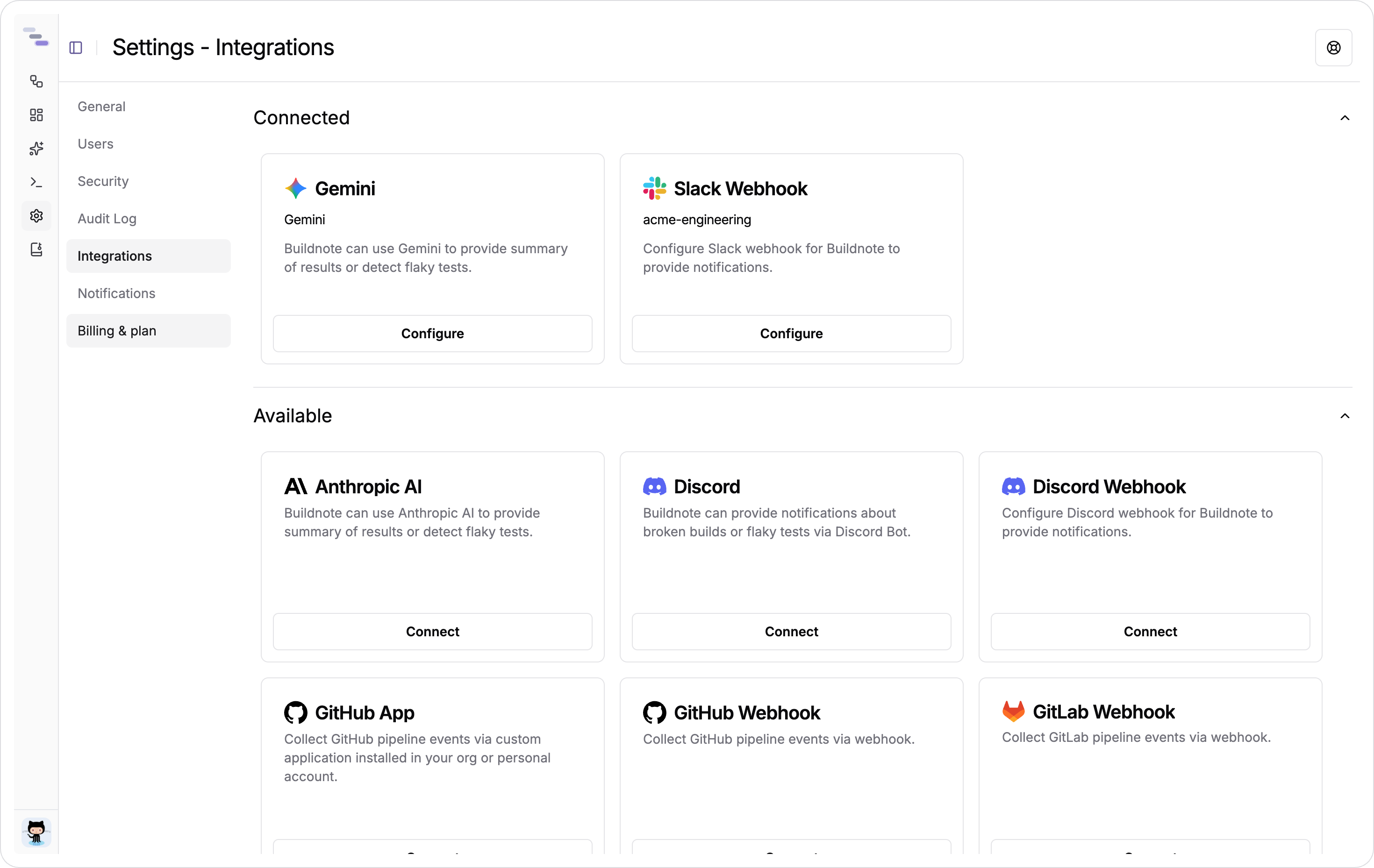 The Integrations page, with connected integrations above the available ones