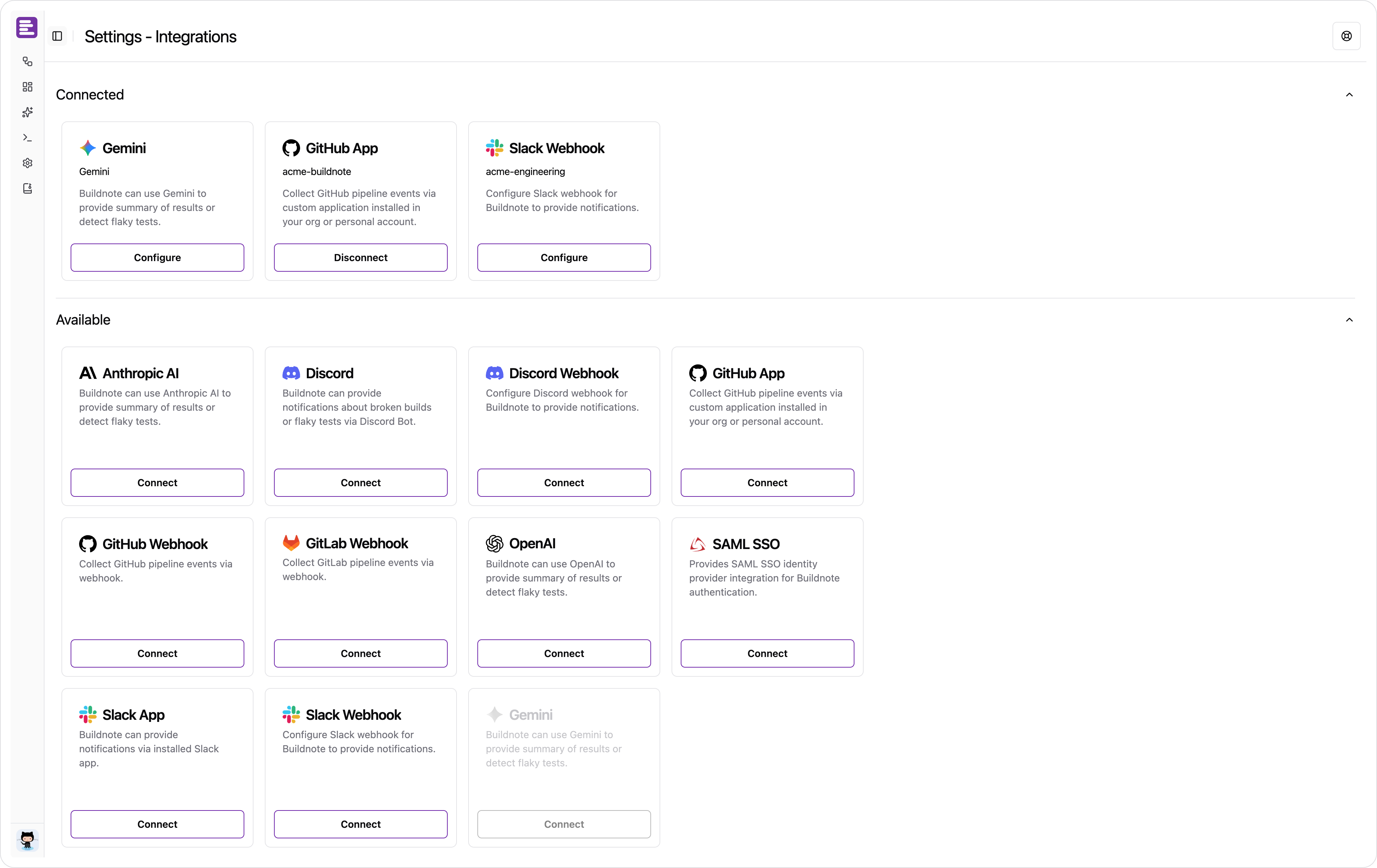 The Integrations page, with connected integrations above the available ones