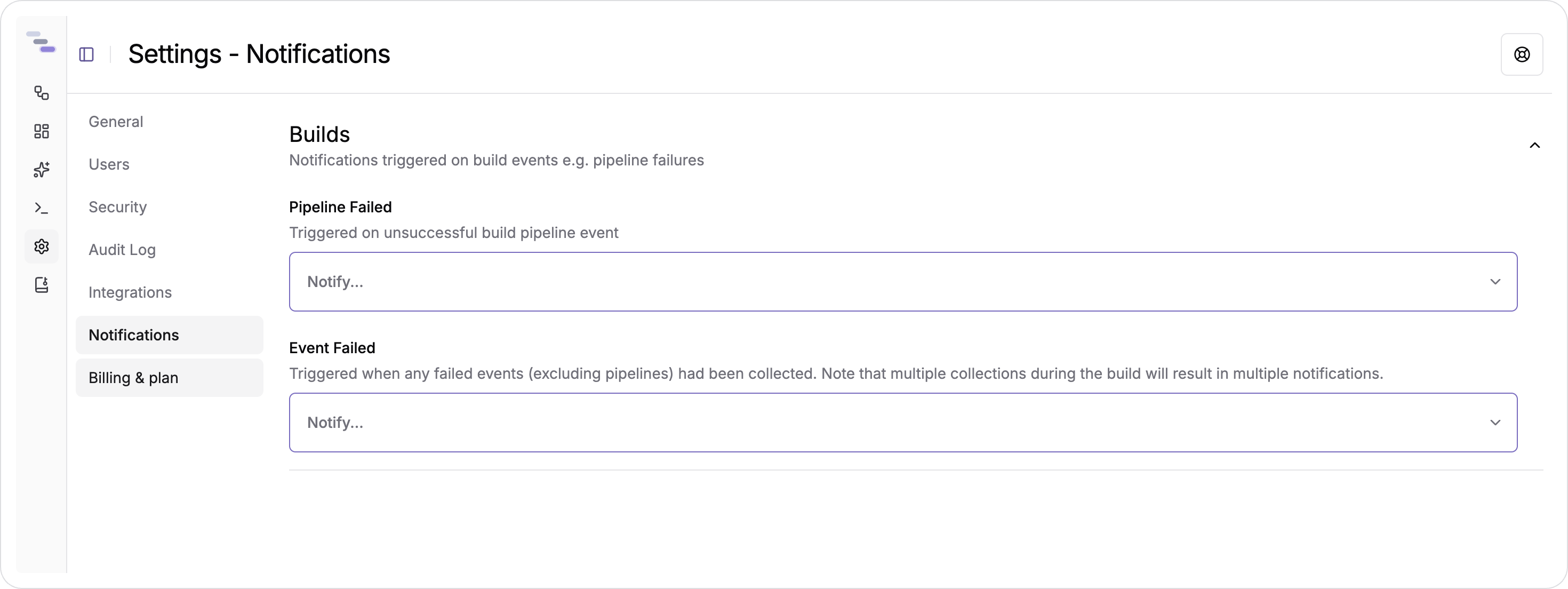 The Notifications page, showing which channels receive each kind of failure