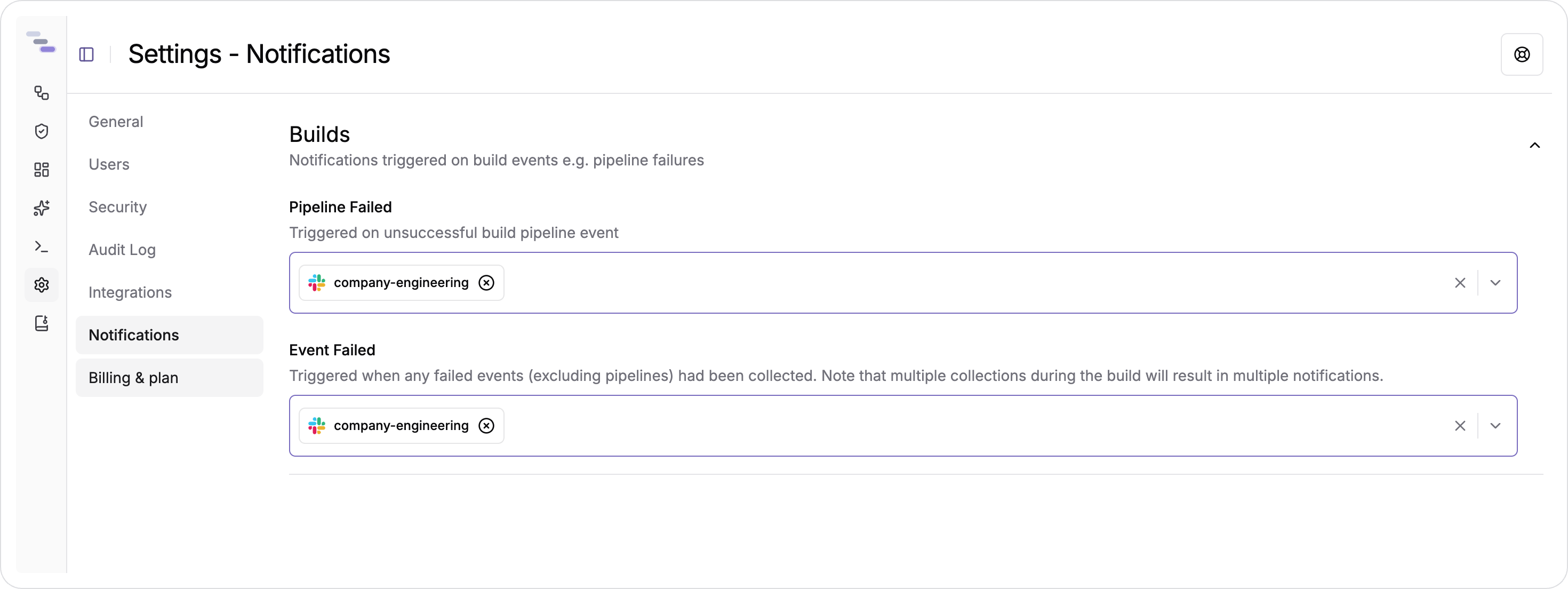 The Notifications page, showing which channels receive each kind of failure