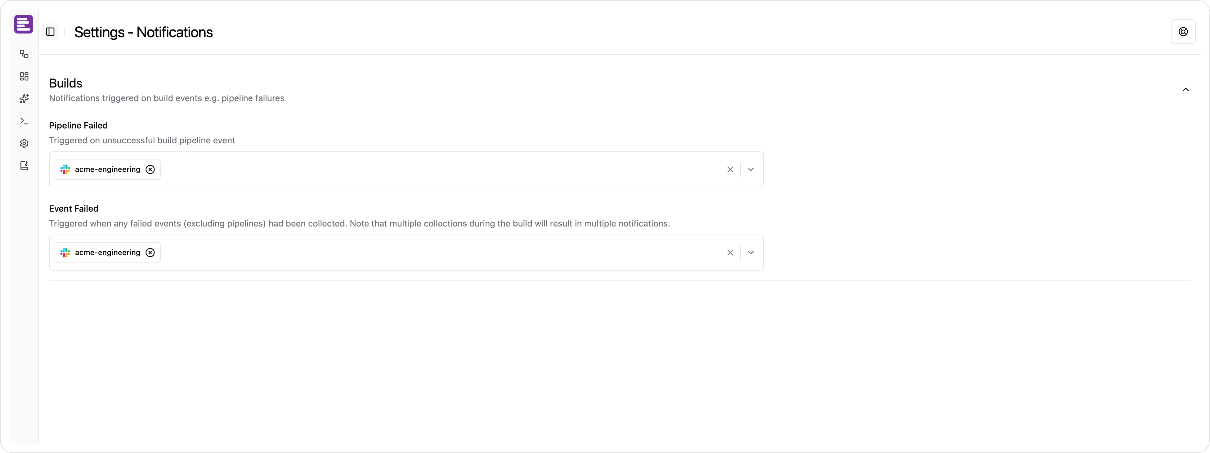 The Notifications page, showing which channels receive each kind of failure