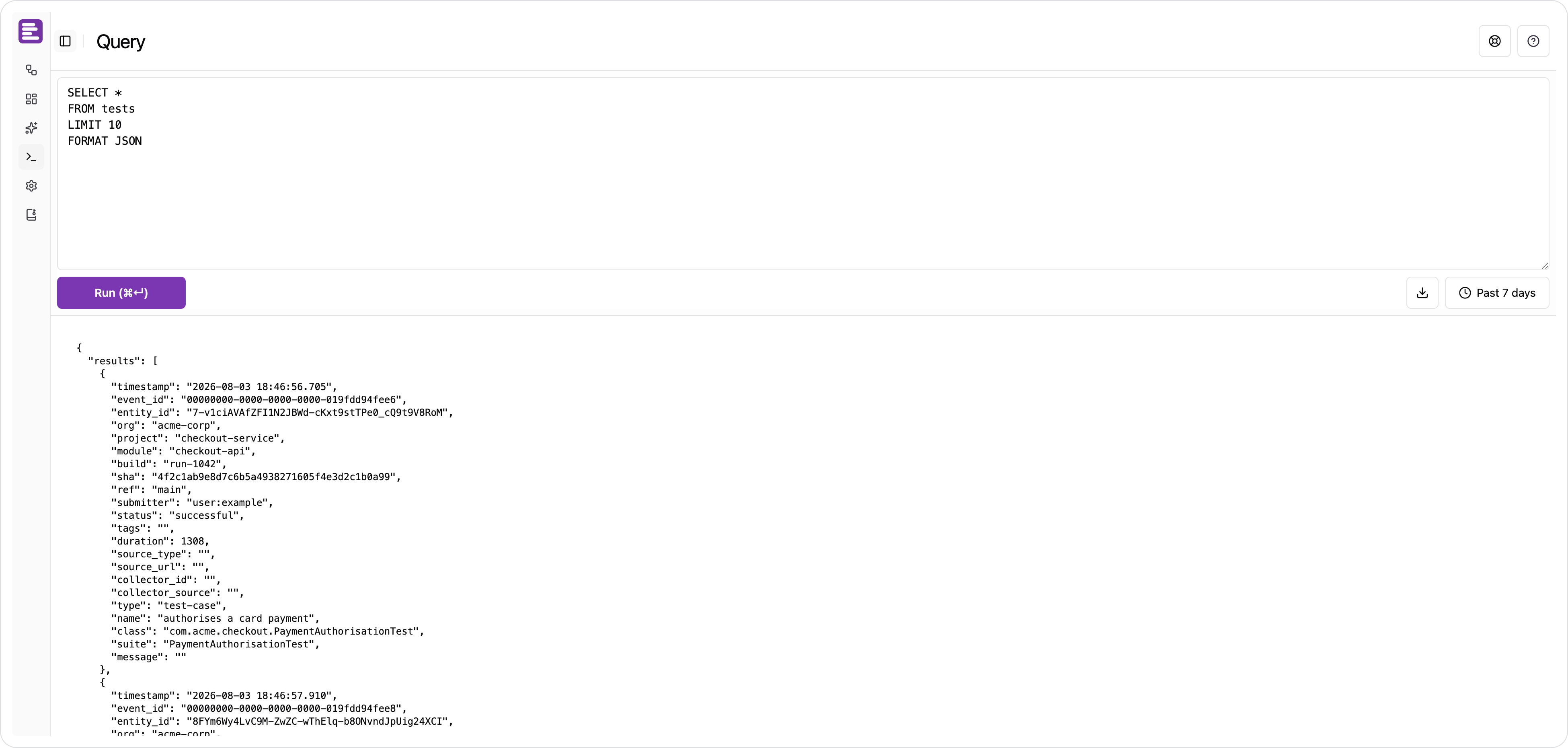 The query editor, with the starter query above its results