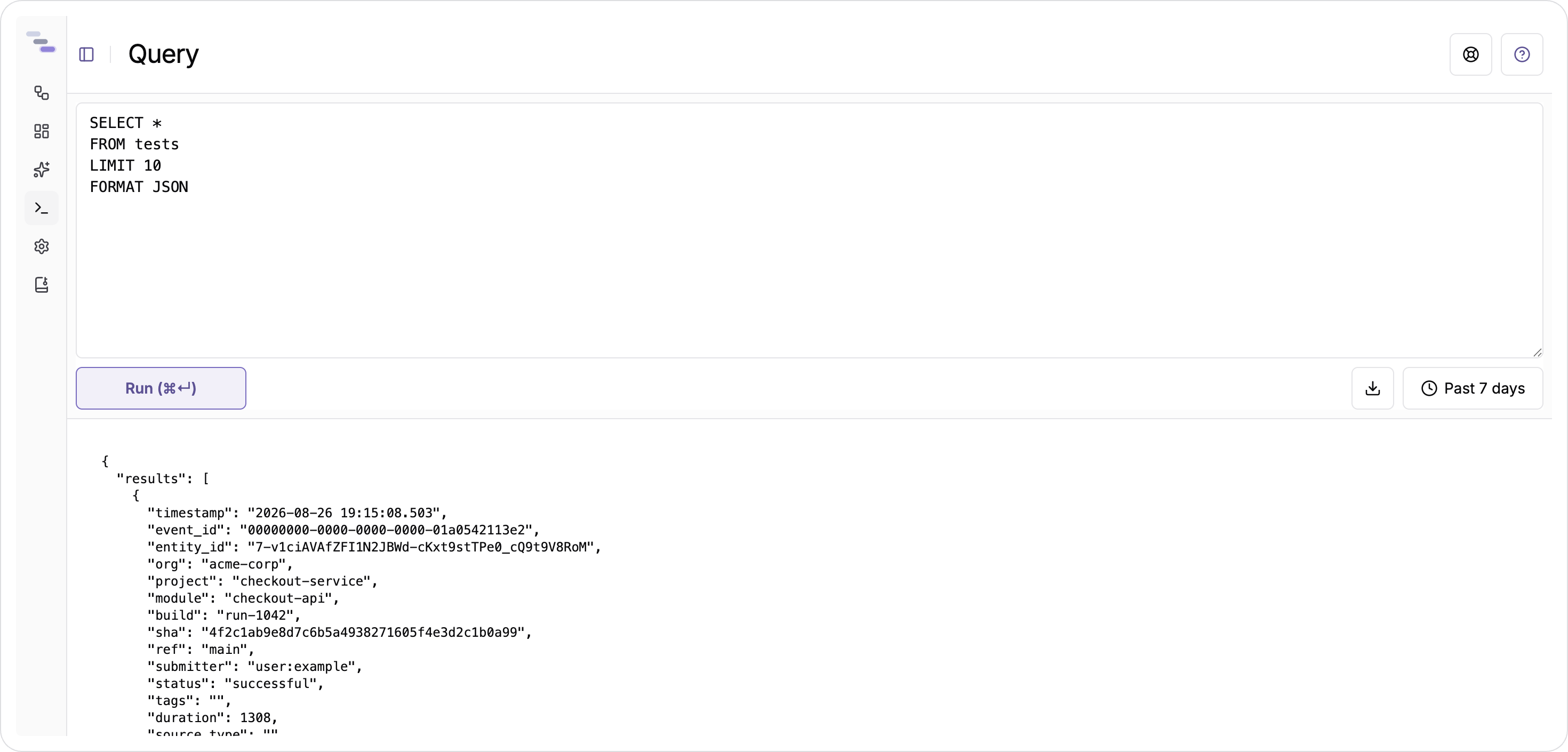 The query editor, with the starter query above its results