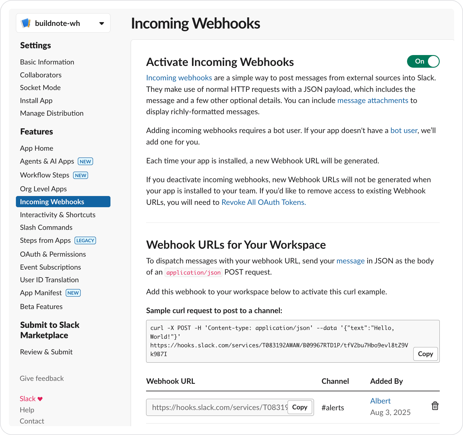 Slack Webhook Created