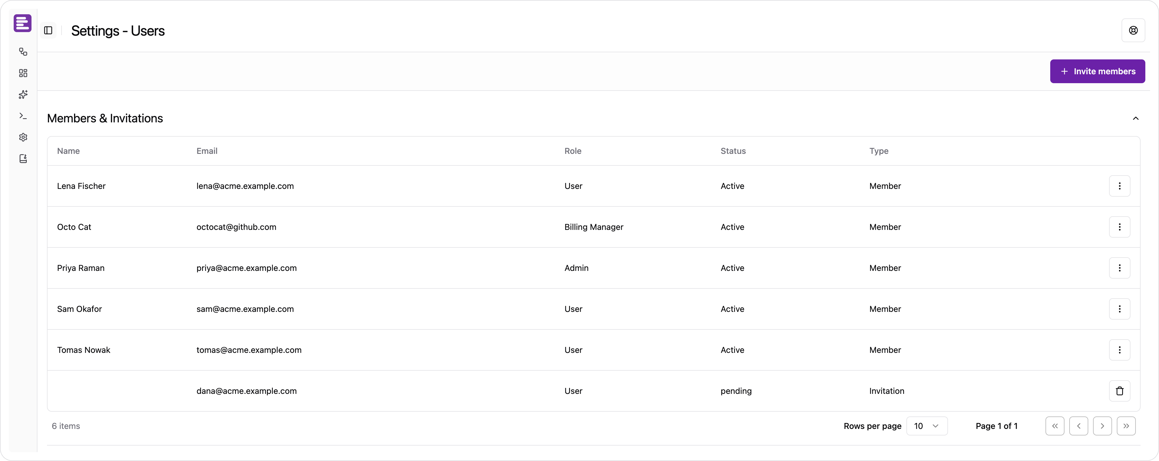 The Users page, listing members with their roles alongside pending invitations