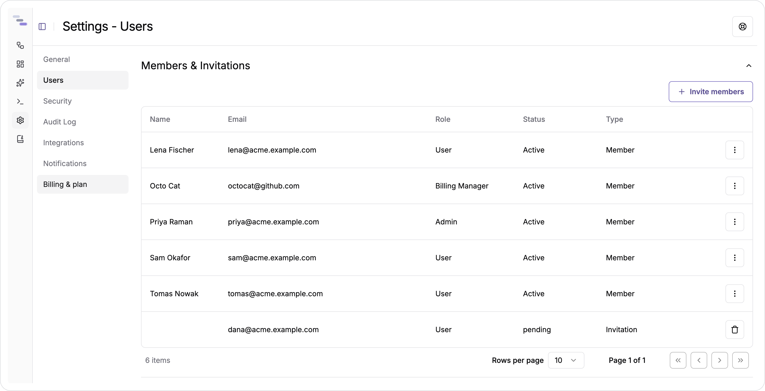 The Users page, listing members with their roles alongside pending invitations